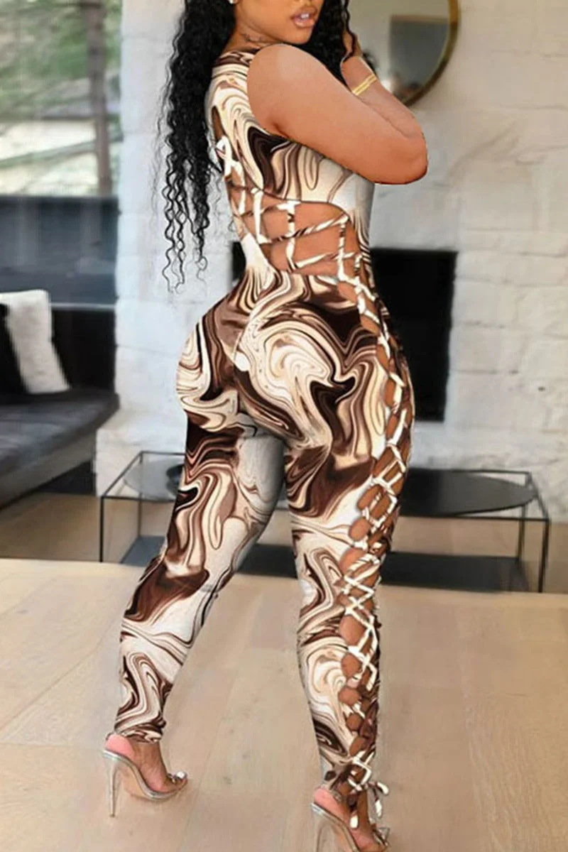Fashion Sexy Print Bandage Hollowed Out U Neck Skinny Jumpsuits