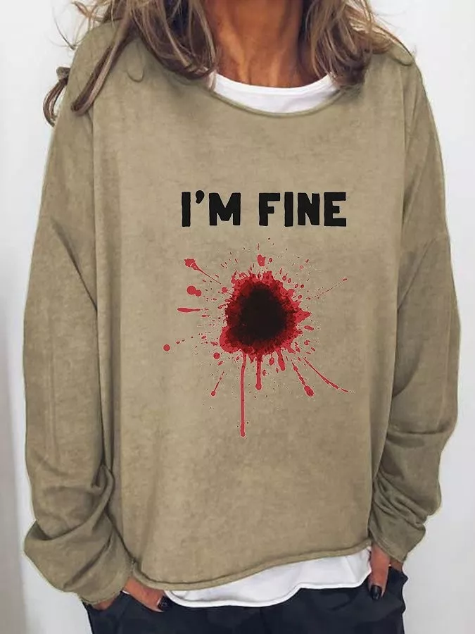 Women's Halloween Humor Funny Bloodstained I'm Fine Printed Long Sleeve T-Shirt