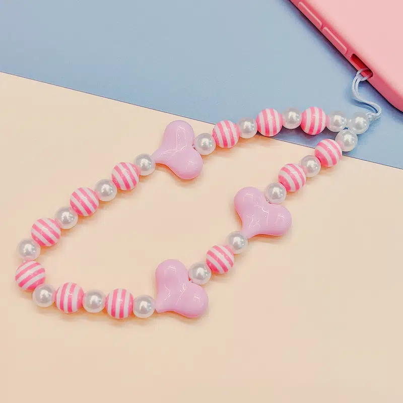 Pink Heart Stripe Beads Phone Charm