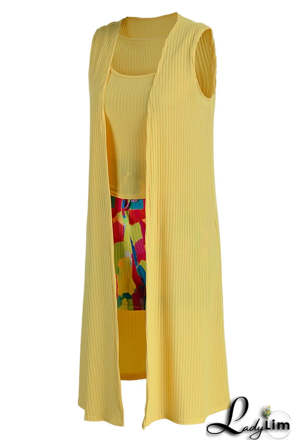 Golden Yellow Casual Print Patchwork U Neck Sleeveless Three Pieces