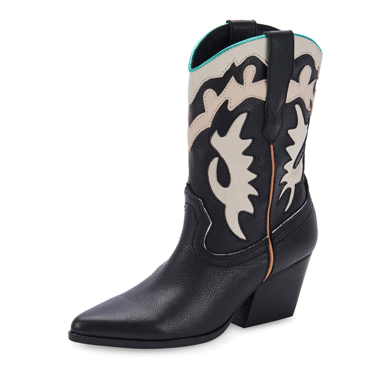 Pointed Toe Patchwork Chunky Heel Ankle Length Cowgirl Boots in Black Nicepairs