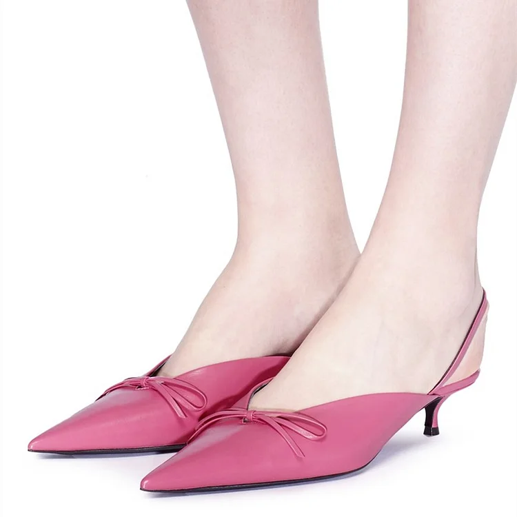 Pink Pointy Toe Bow Slingback Kitten Heels Pumps |FSJ Shoes