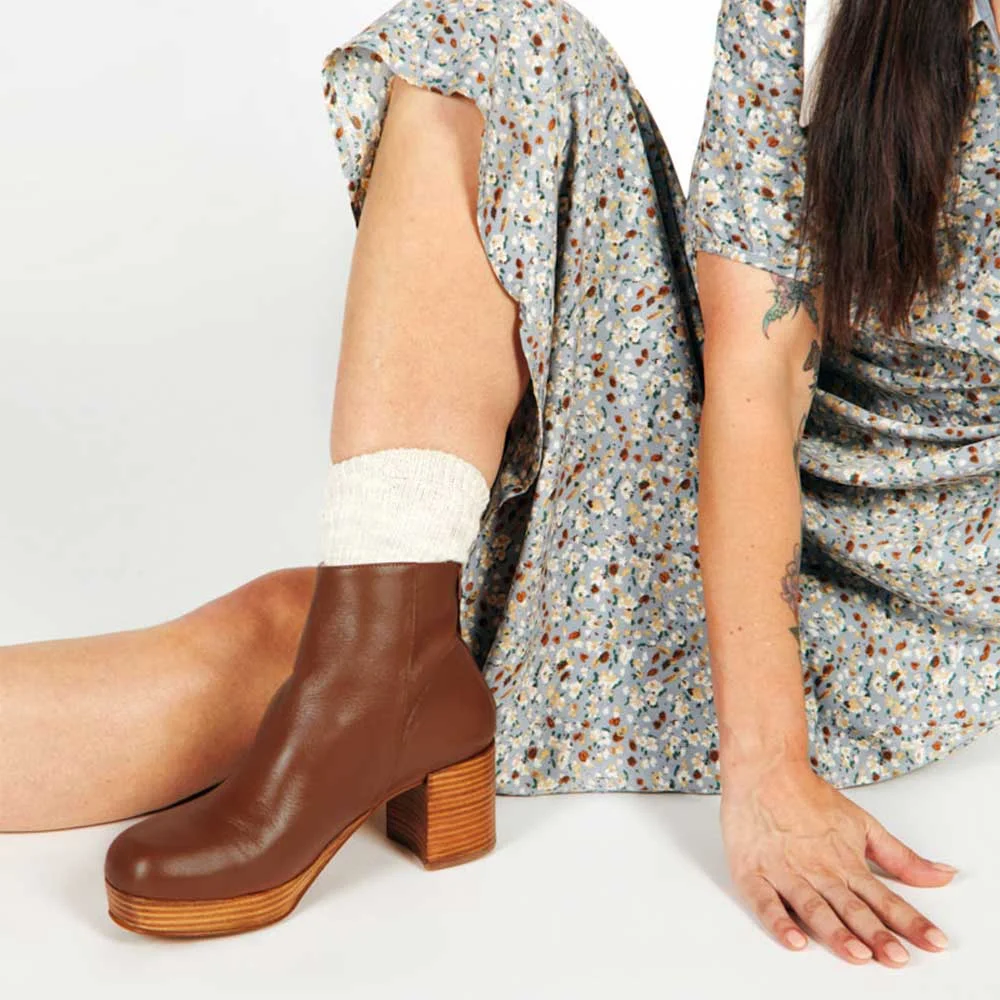 Brown Vegan Leather Round Toe Zipper Platform Heeled Ankle Boots