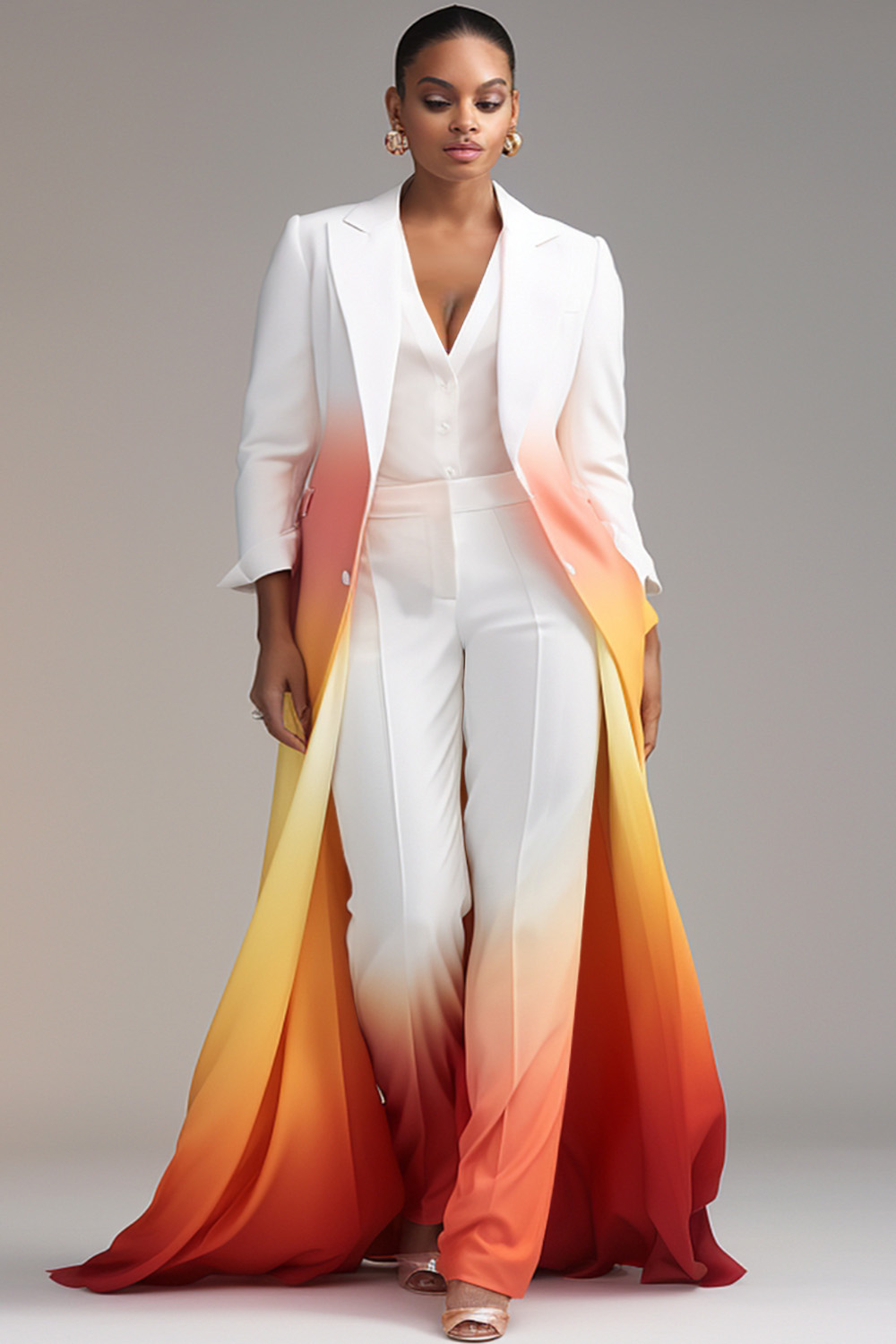 Design Plus Size Formal Elegant White Gradient Lapel Collar Long Sleeve Cardigans Two Piece Pant Suits [Pre-Order]