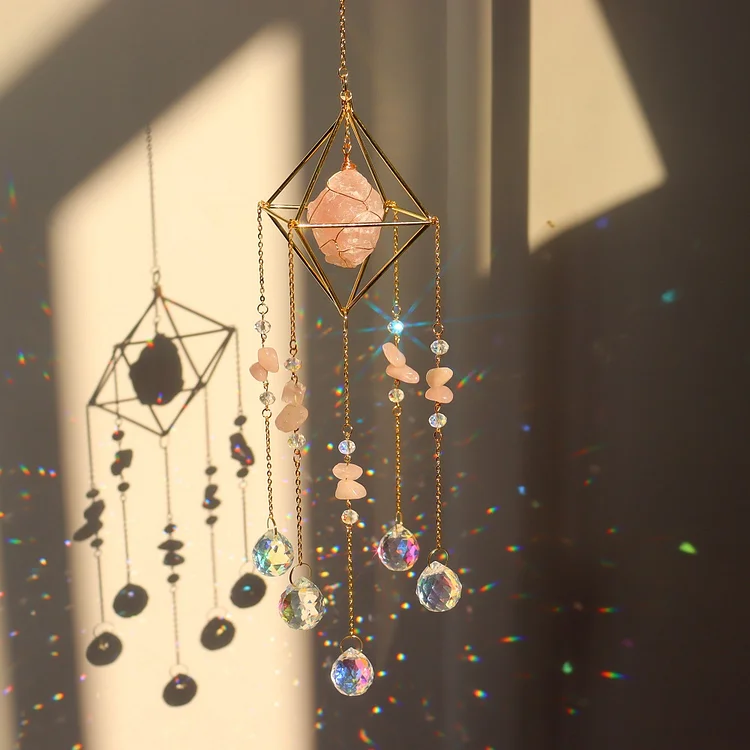 Crystal Ball Wind Chimes Ornaments Pink Natural Stone Pendant Hanging Decor