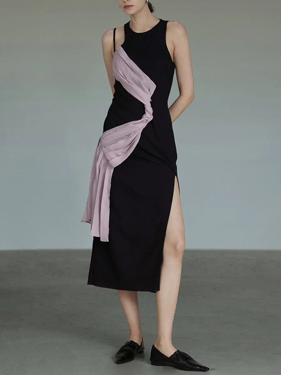 Round Neck Split Hem Pleated Splicing Dress