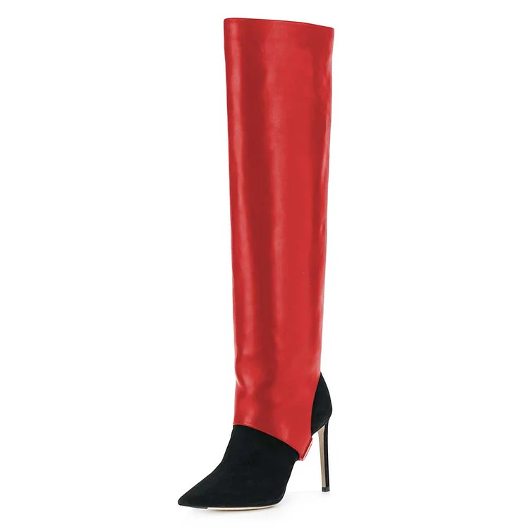 Red and Black Stiletto Boots Knee High Boots |FSJ Shoes