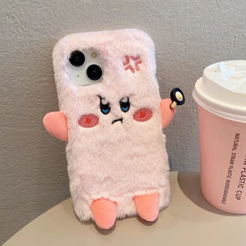 Cute Angry Kirby Embroidery Plush iPhone Case