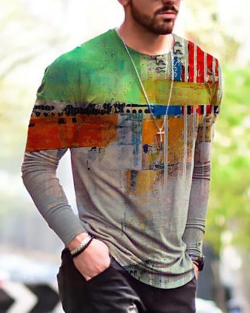 men's irregular printing long-sleeved T-shirt
