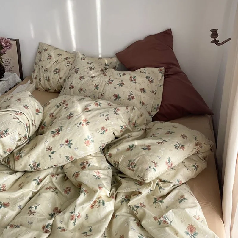 Aonga Vintage Floral Duvet Cover Set No Filler with Flat Sheet Pillowcases Single Double Queen Size Girls Ins Korean New Bedding Kit aonga