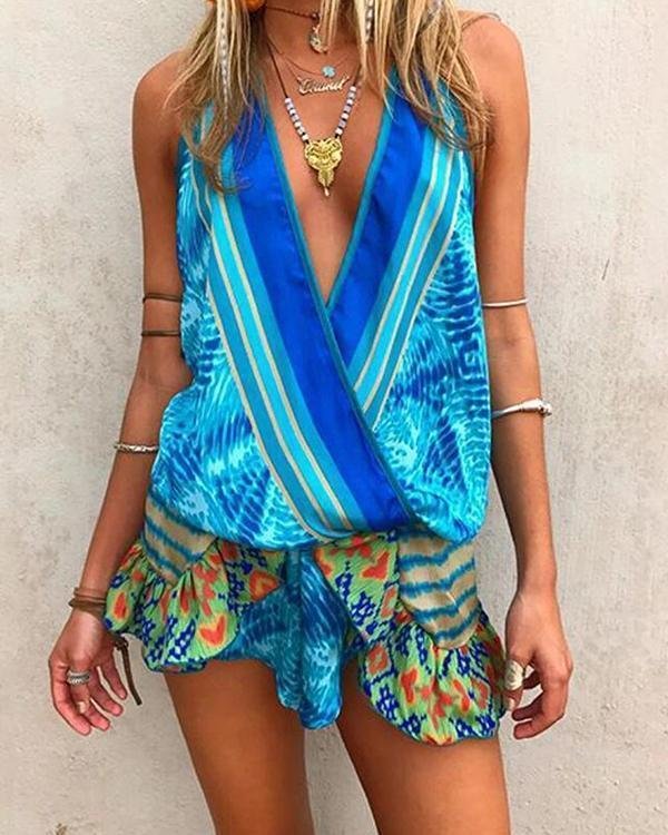 beach casual v neck sleeveless printed color jumpsuit p117063