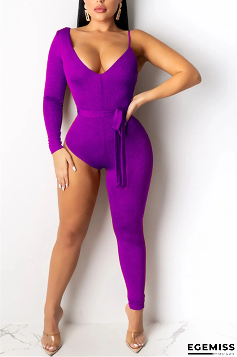 Purple Fashion Sexy Irregular Single Sleeved Single Pants Jumpsuits | EGEMISS