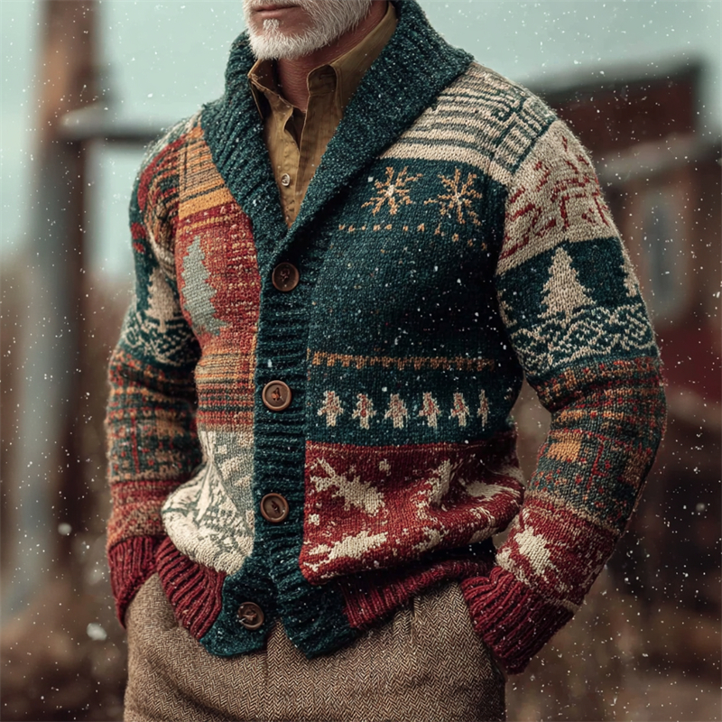 Men's Vintage Christmas Plaid Colorblock Cozy Knit Cardigan elevenforest