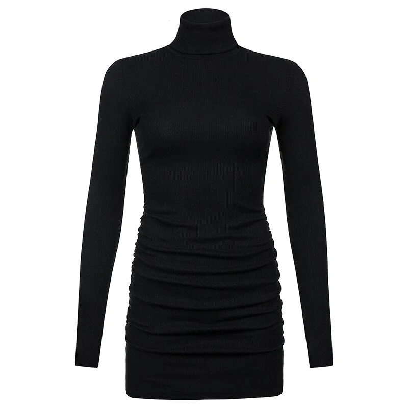 Brown Ribbed Knit Turtleneck Long Sleeve Winter Runched Dresses For Women 2022 Autumn Bodycon Lady Short Black Sheath Mini Dress