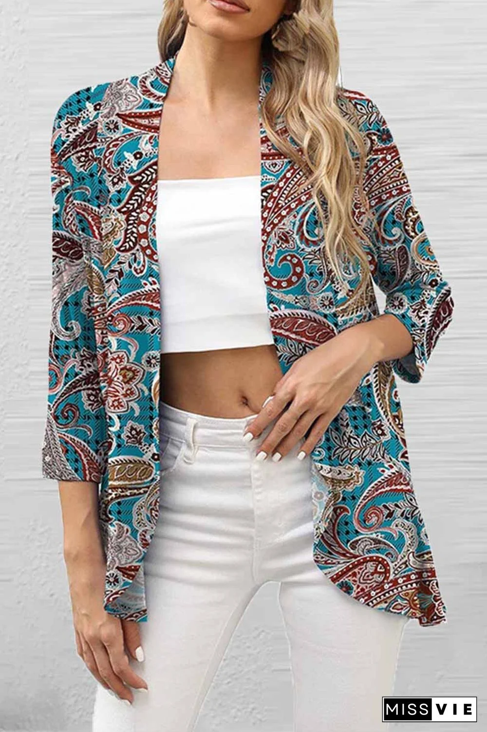 Casual Print Patchwork Cardigan Collar Tops