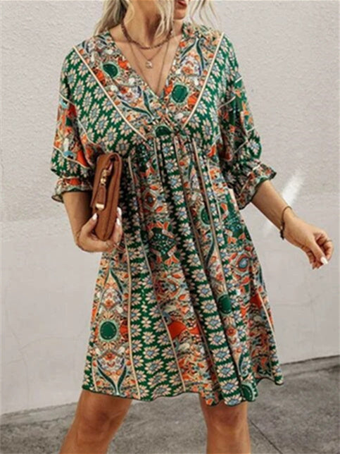 Women's Short Sleeve V-neck Floral Printed Lace-up Midi Dress