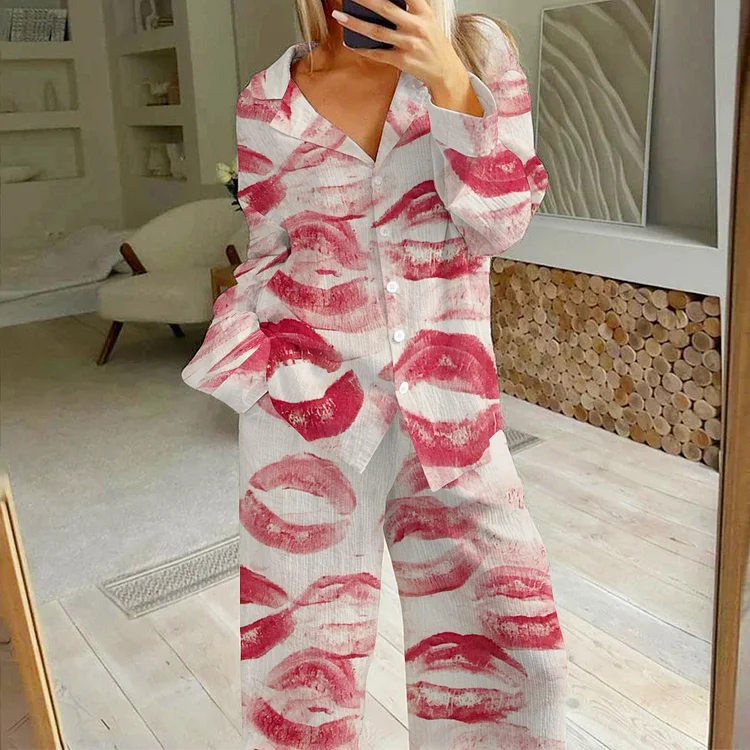 Women's Lip Print Printed Cotton Cardigan Homewear Set