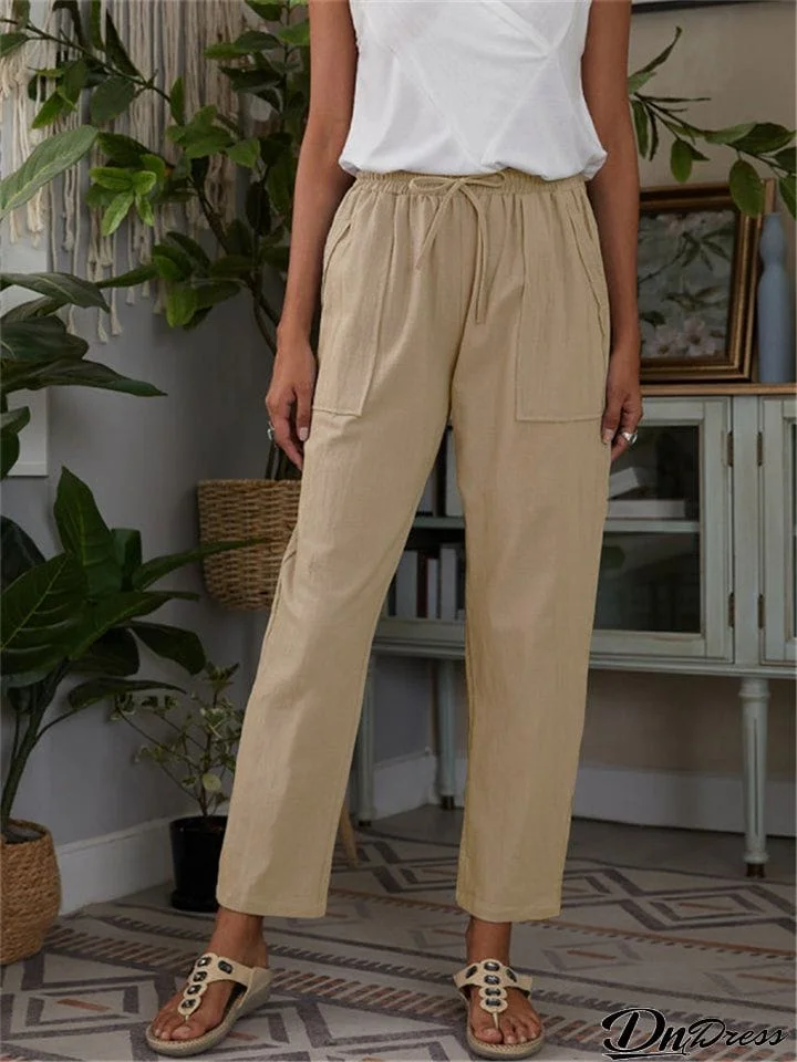 Loose Solid Color Elastic Waist Cotton Casual Cropped Trousers With Pockets