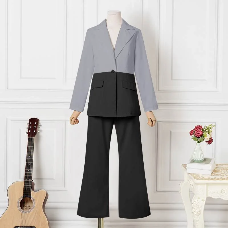 Jangj VONDA 2022 Long Sleeve Women Sets Lapel Office Formal Suit Blazer Pant Sets Female Color Patchwork Long Trousers Suits Oversize