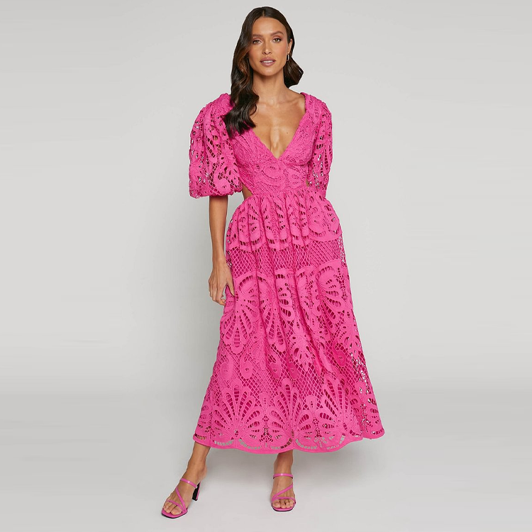 V Neck Puff Sleeve Lace Dress