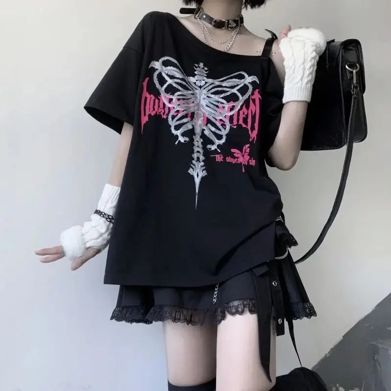 Tlbang Aesthetic Black T Shirt Women Harajuku Off Shoulder Skull Print Gothic Graphic Shirts Japanese Punk Grunge Streetwear ee