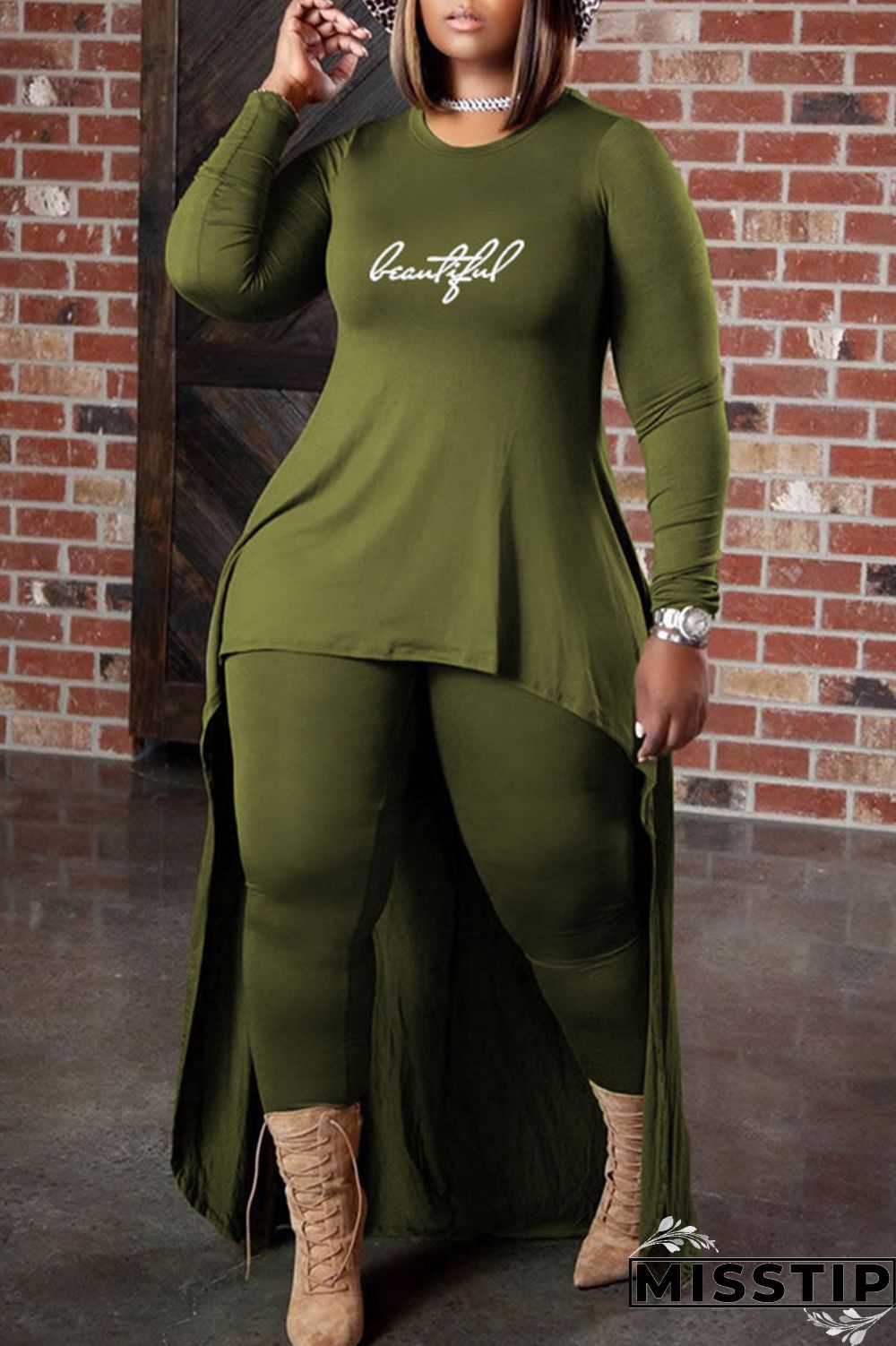 Green Casual Print Patchwork Asymmetrical O Neck Long Sleeve Two Pieces