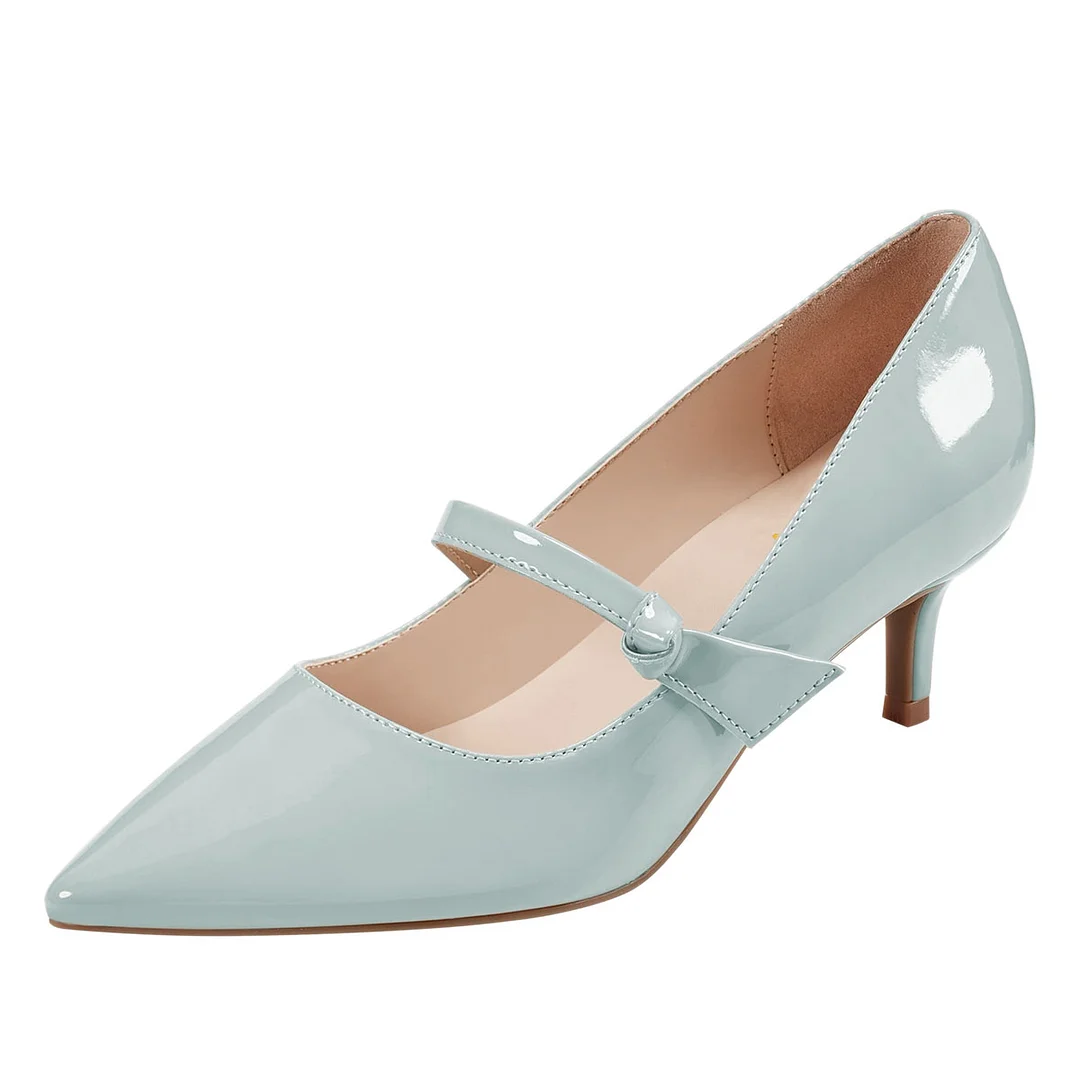 Light Blue Patent Leather Pointed Toe Kitten Heel Mary Jane Pumps