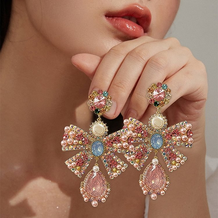 YOY-Korean Luxury Pink Rhinestone Bowknot Drop Earrings