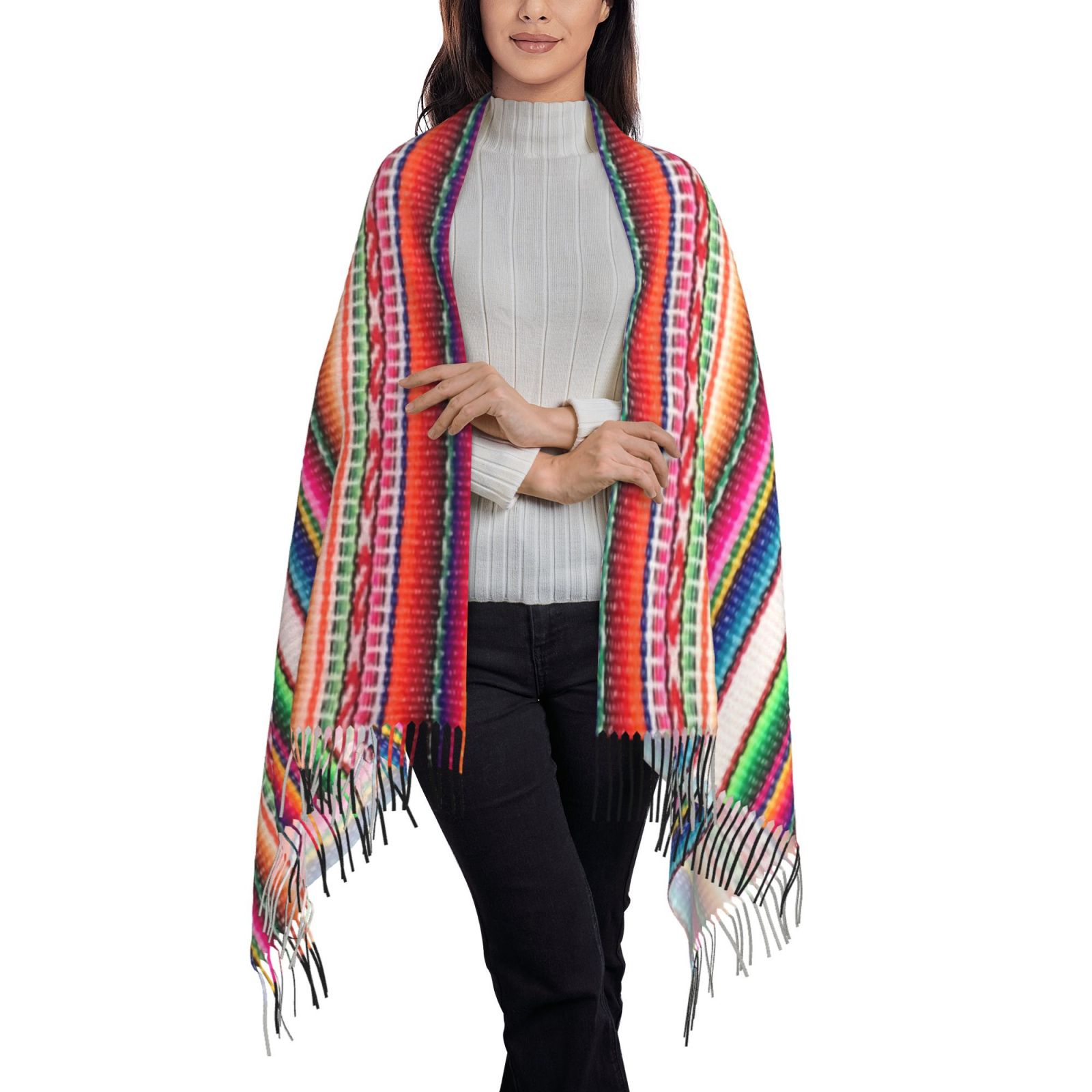 Vintage Geometric Tribal Cashmere Plush Fringed Scarf artswardrobe