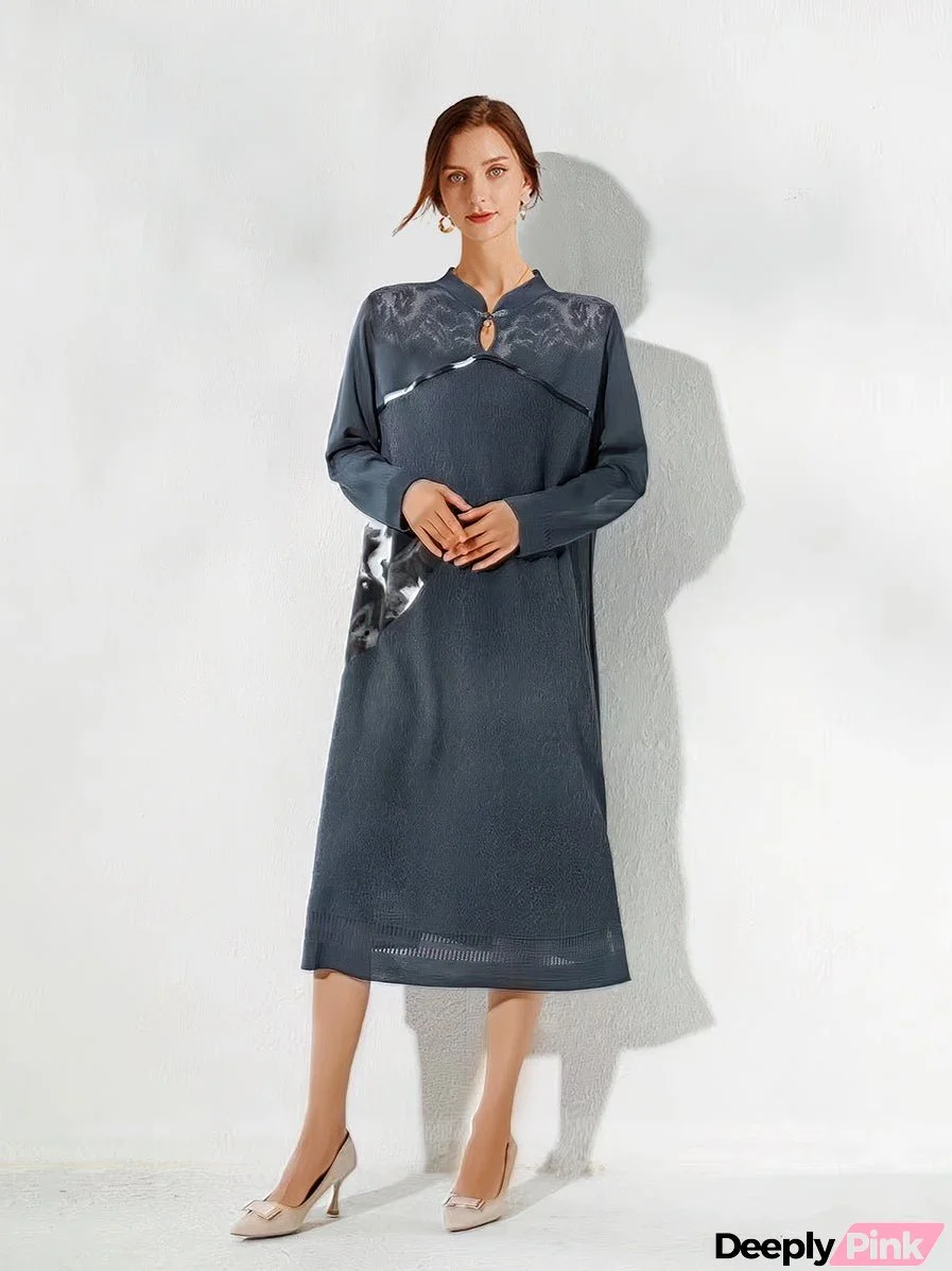 Stand Collar Elegant Stitching Long-sleeved Midi Dress