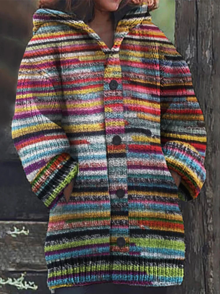 VChics Vintage Mexican Striped Cozy Knit Hooded Cardigan