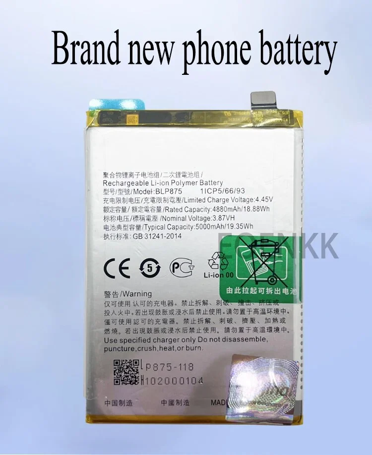 100% Original BLP875 Battery For OPPO Realme Narzo 50/ Realme C55 Realme 9 5G  Phone Replacement  Bateria