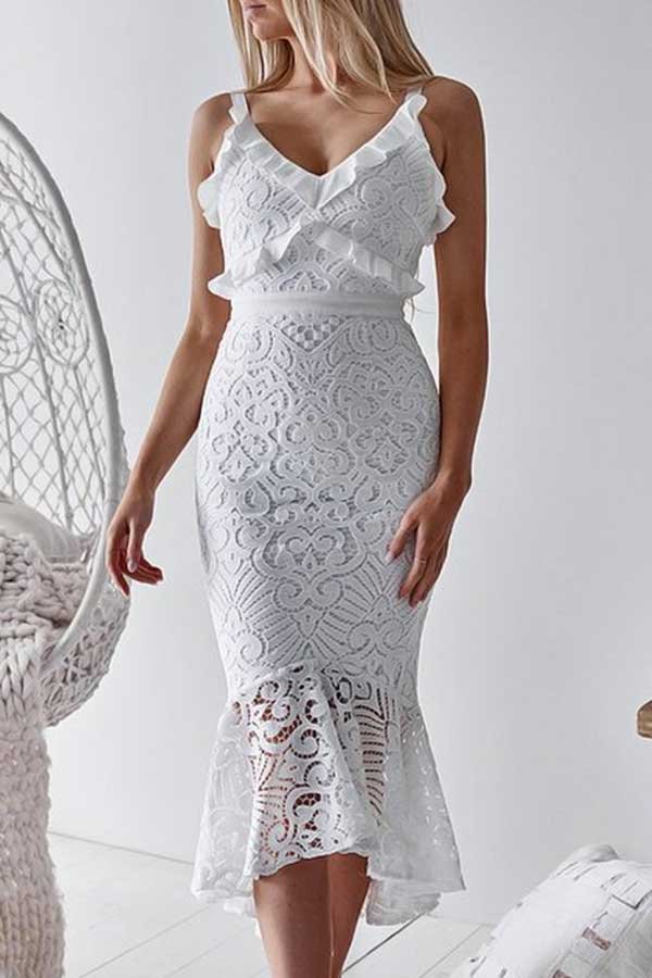 White Ruffled Sleeveless Mermaid Lace Midi Dress - Life is Beautiful for You - SheChoic