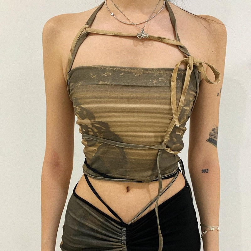 LANFUBEISI Fashion Print Sleeveless Crop Tops for Women Bandage Sexy Backless Tie Up Halter Top Female Cropped Top Summer LANFUBEISI