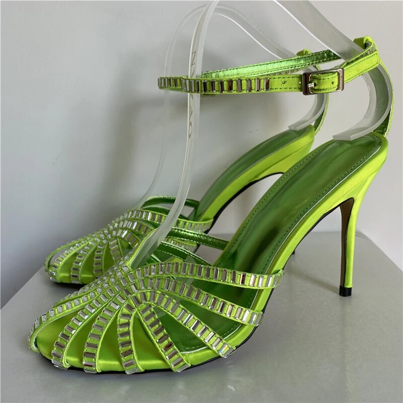 VCSHOES Crystal Embellished Narrow Band Sandals Women 10cm Thin High Heels Ankle Strap Fretwork Rhinestone Party Shoes