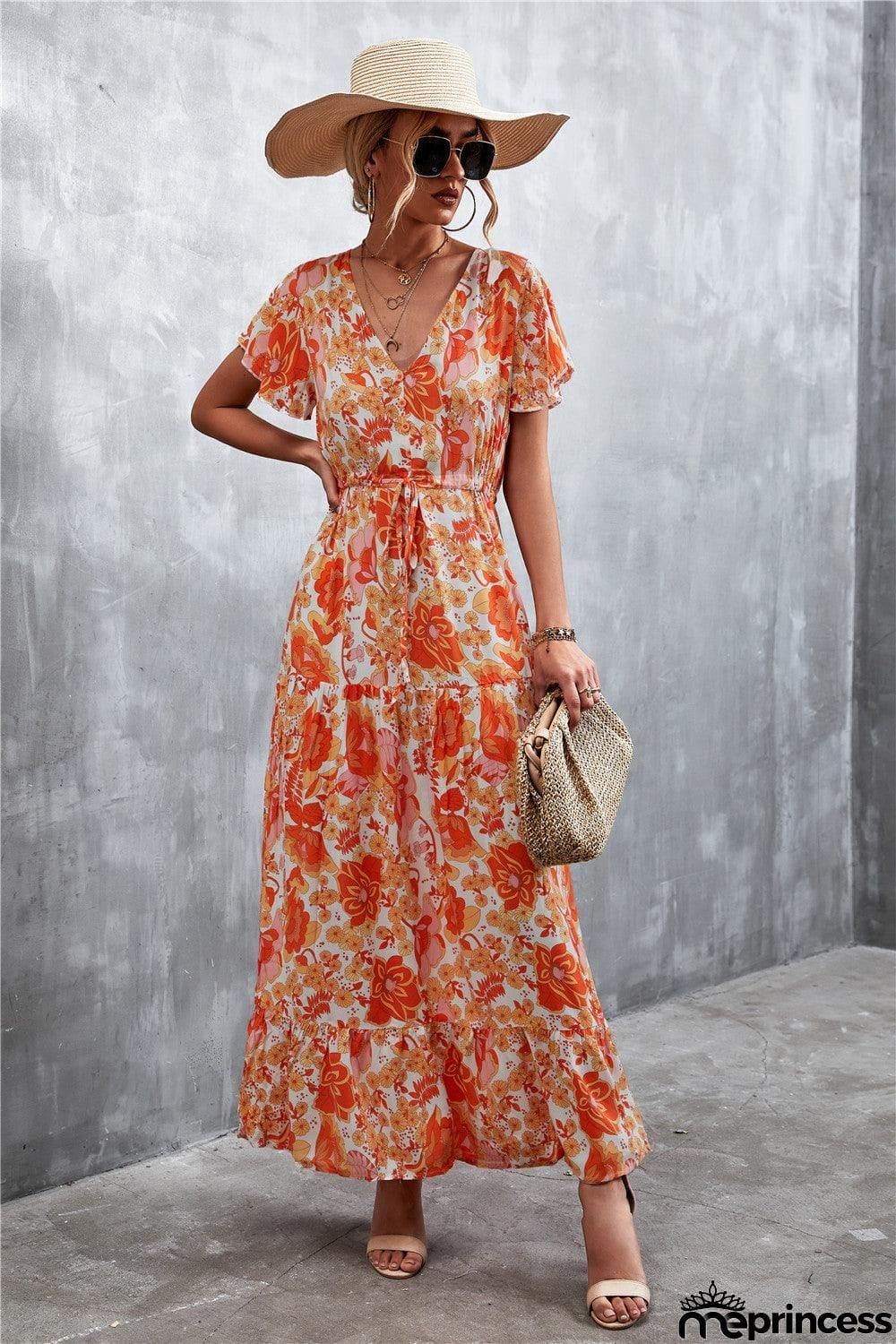Floral Buttoned Drawstring Waist Tiered Dress