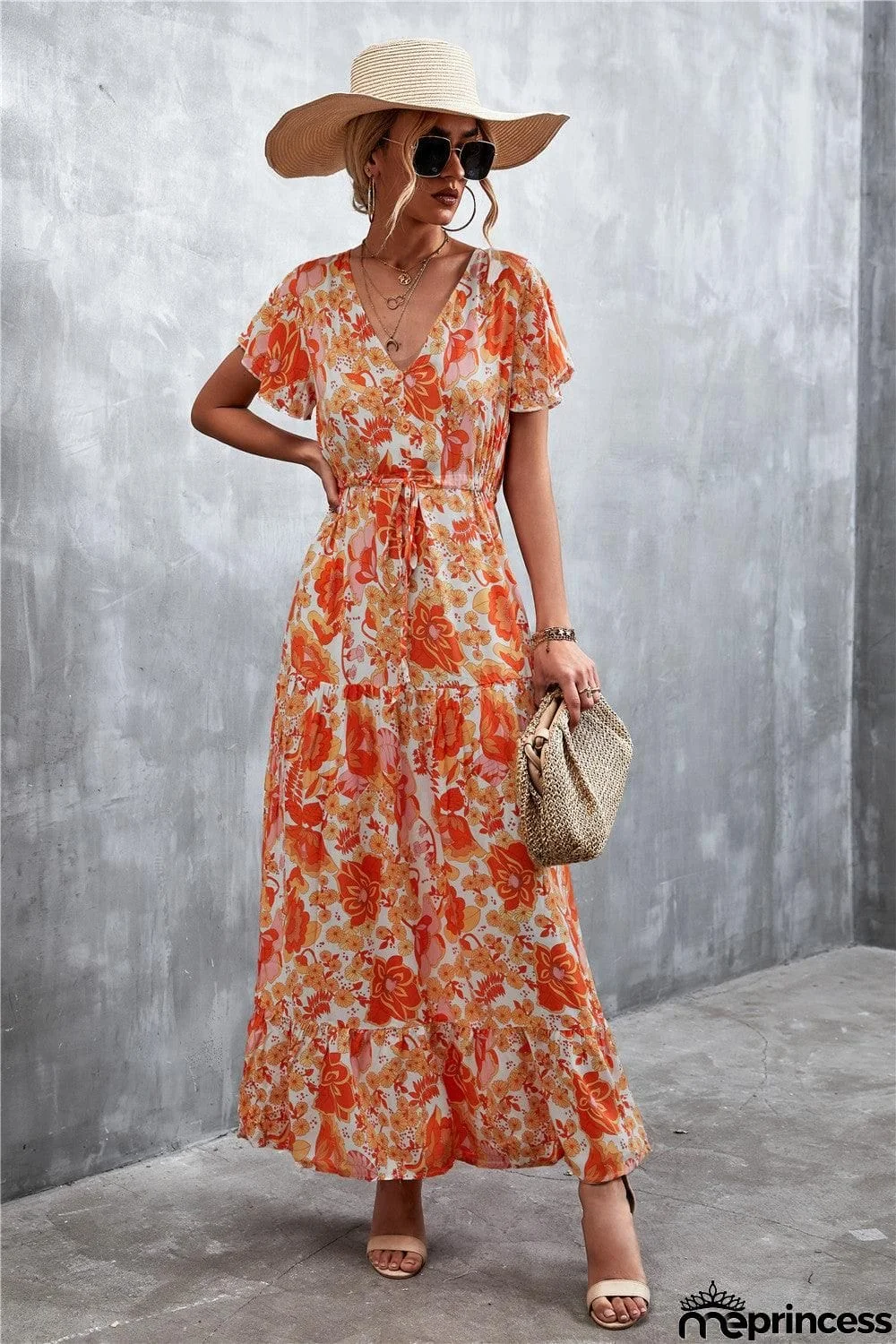 Floral Buttoned Drawstring Waist Tiered Dress