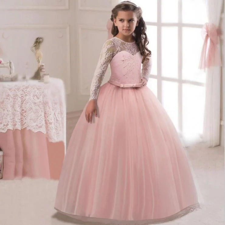 2021 Ankle Length Lace Long Sleeve Ruffle Long Dress Piano Party Performance Costume Little Girl Princess Dress