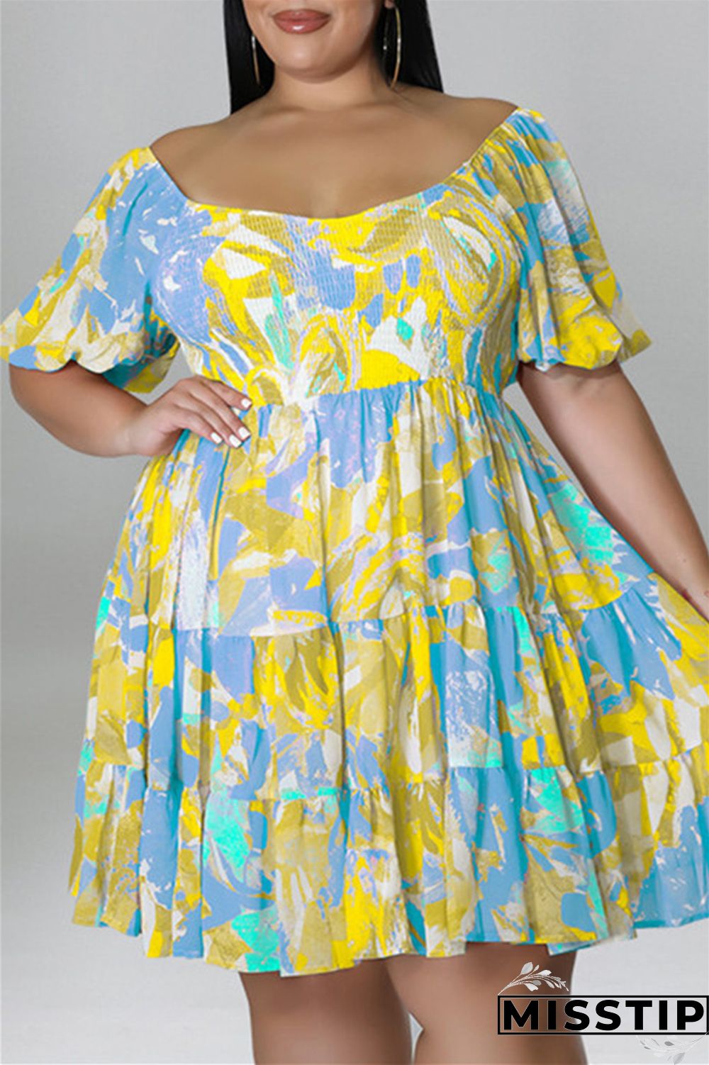 Blue Fashion Casual Plus Size Print Patchwork O Neck Short Sleeve Dress