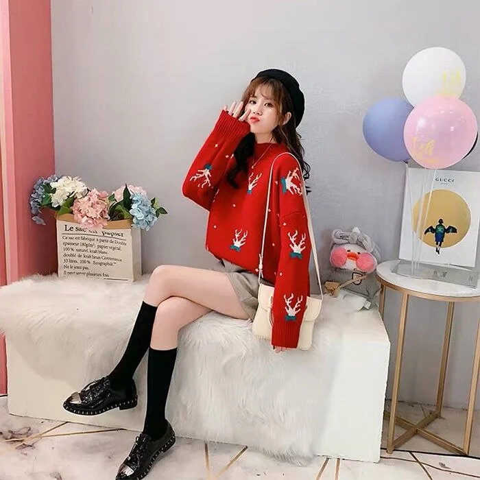 Christmas 2020 Knitted Sweater Oversize Women Winter Long Sleeve Pullover Spring Autumn Ladies Top Female Clothes Fashion Red