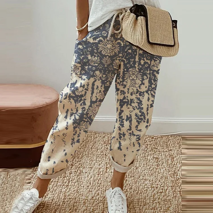 Vintage Print Loose Casual Pants