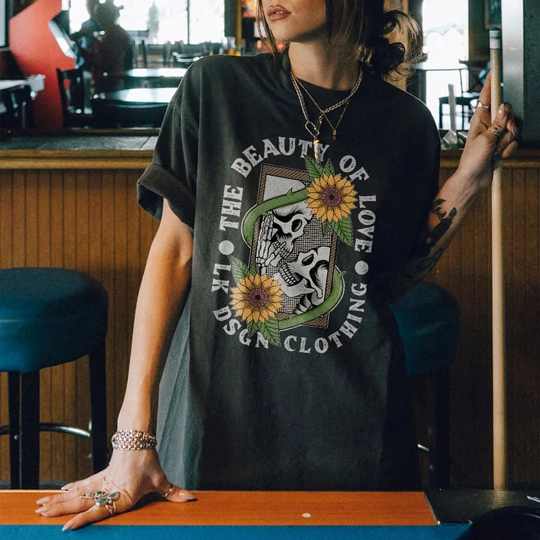 THE BEAUTY OF LOVE Skulls Black Print Loose-fit T-shirt