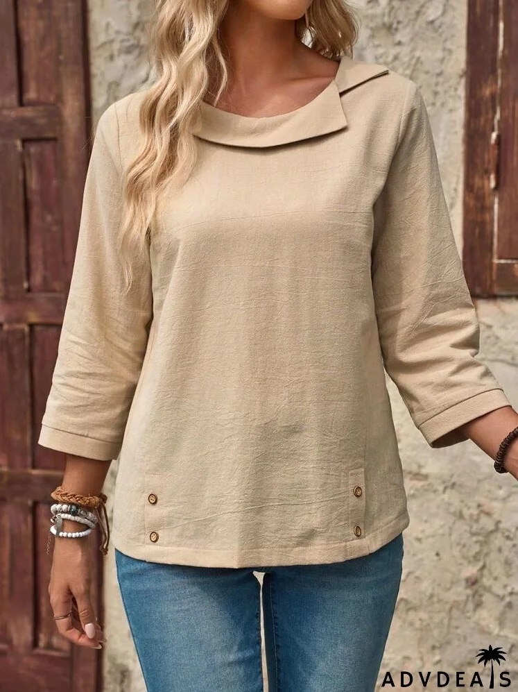 Ladies' Simple Solid Color Long Sleeve Linen Casual Shirt