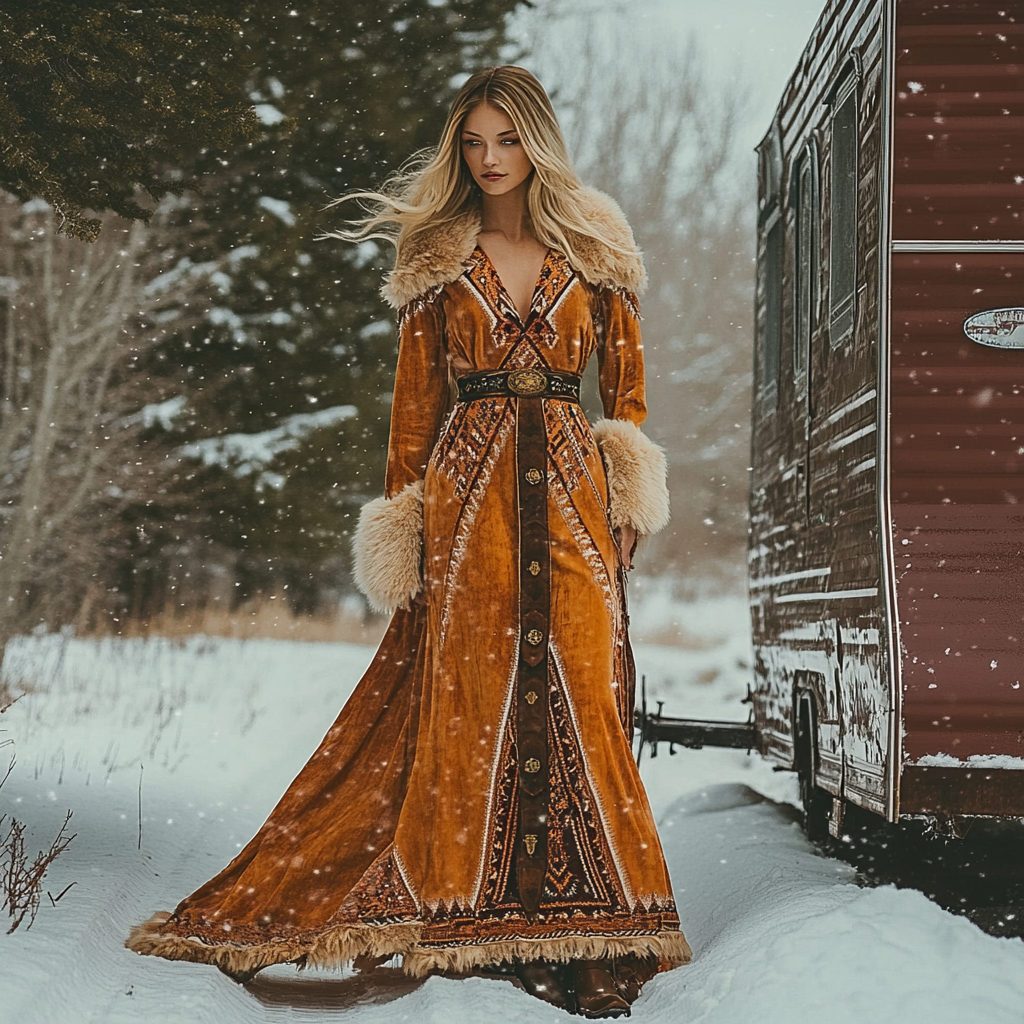 Western Velvet Vintage Ethnic Aztec Floral Flower Print Plush Warm Autumn And Winter Dress