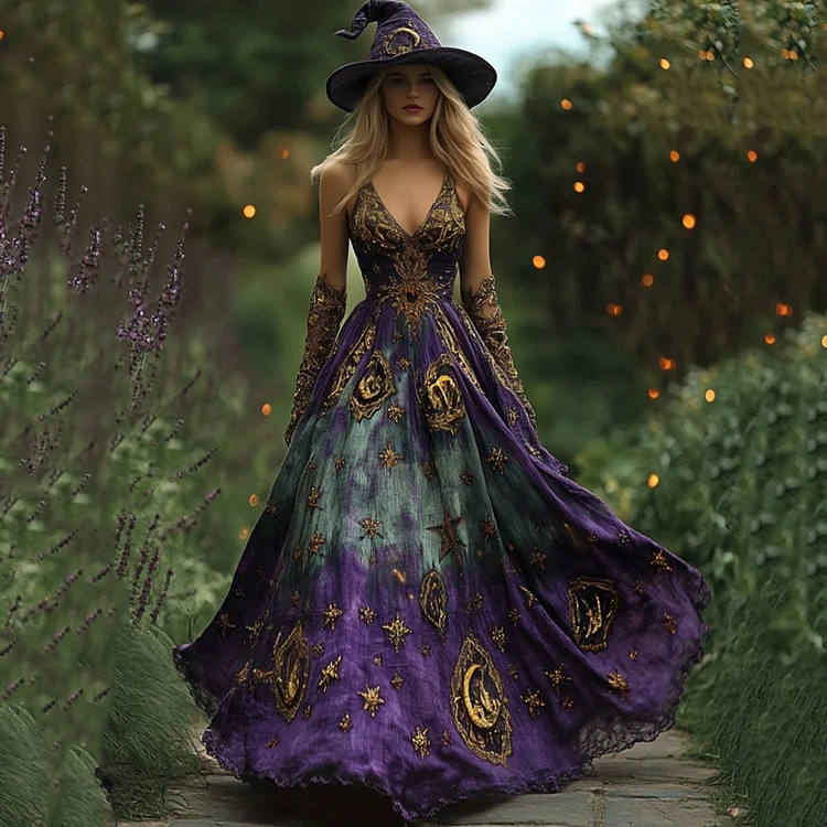 Halloween Themed Tie-dye Star And Moon Embroidered Gradient Witch Maxi Dress