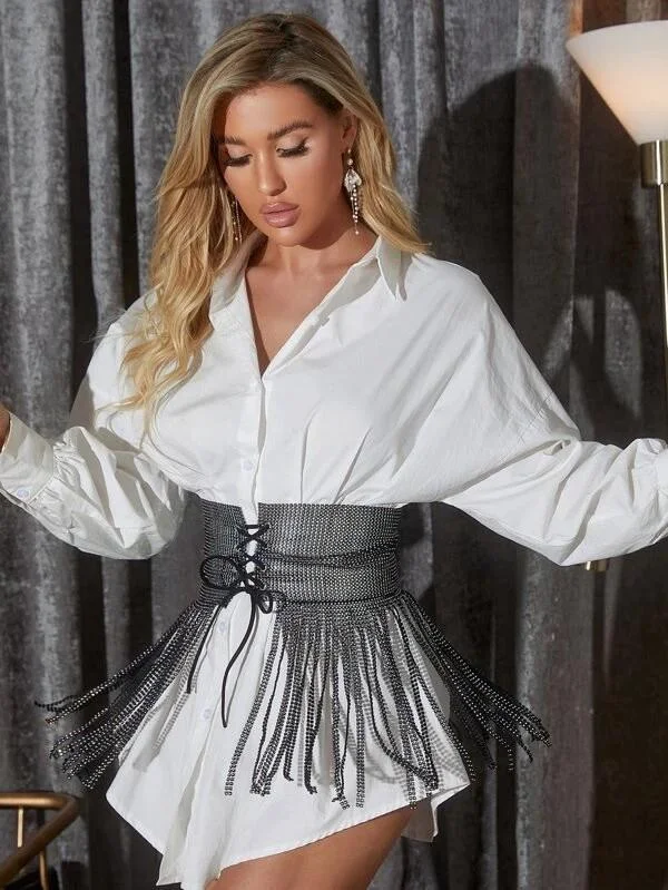 Lace-up rhinestone fringe embellished corset-zachics