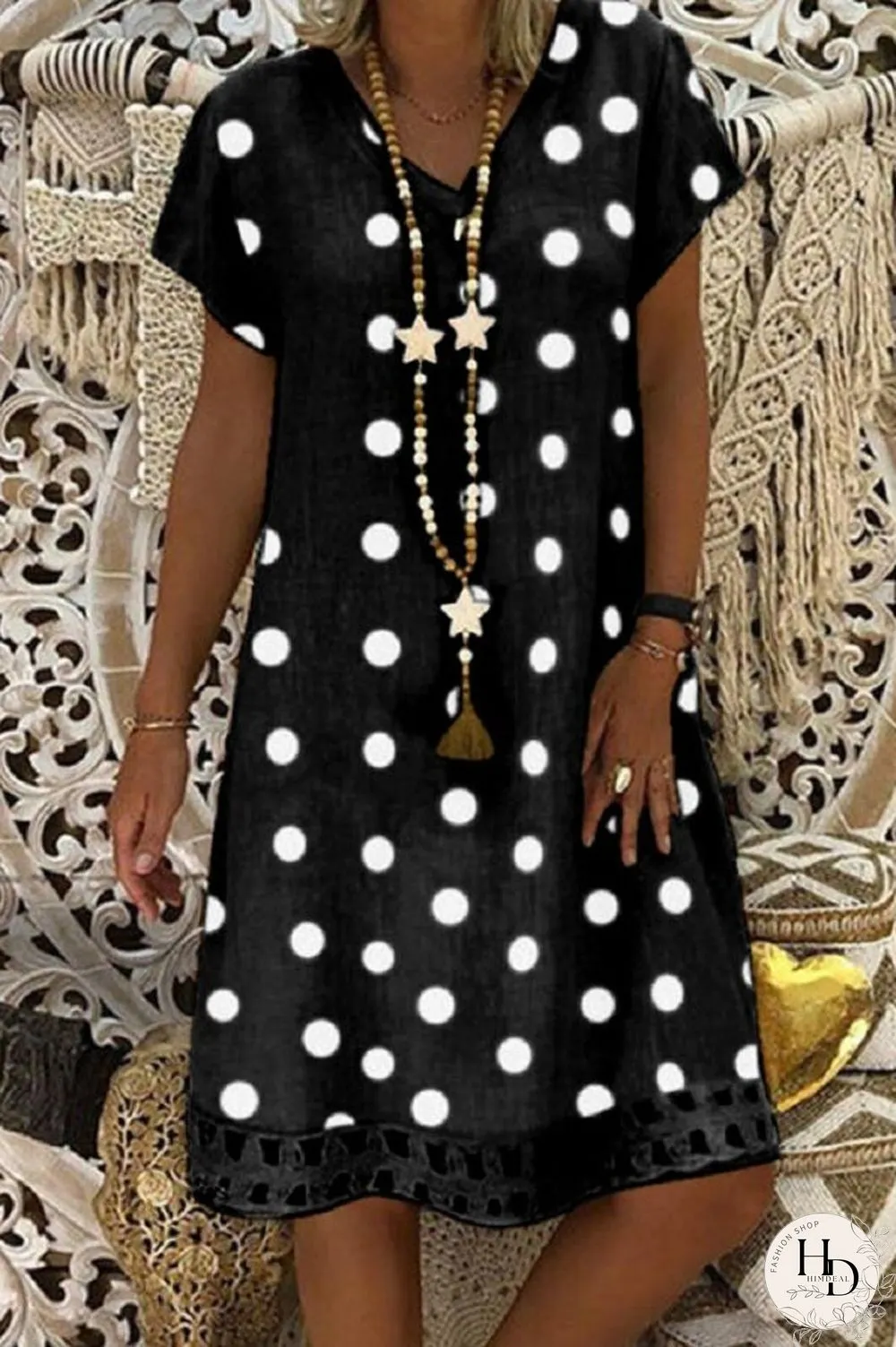 Fashion Casual V Neck Polka Dot Dress