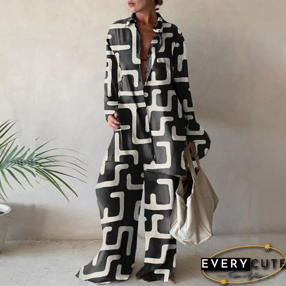 Summer Fashion Printed Loose Long Sleeves Shirts Straight Pants Two Piece Suits New Streetwear Women's Winter Elegant Commuting
