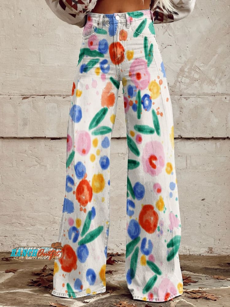 Women’s Vintage Flower Print Casual Wide Leg Pants Multicolor / S