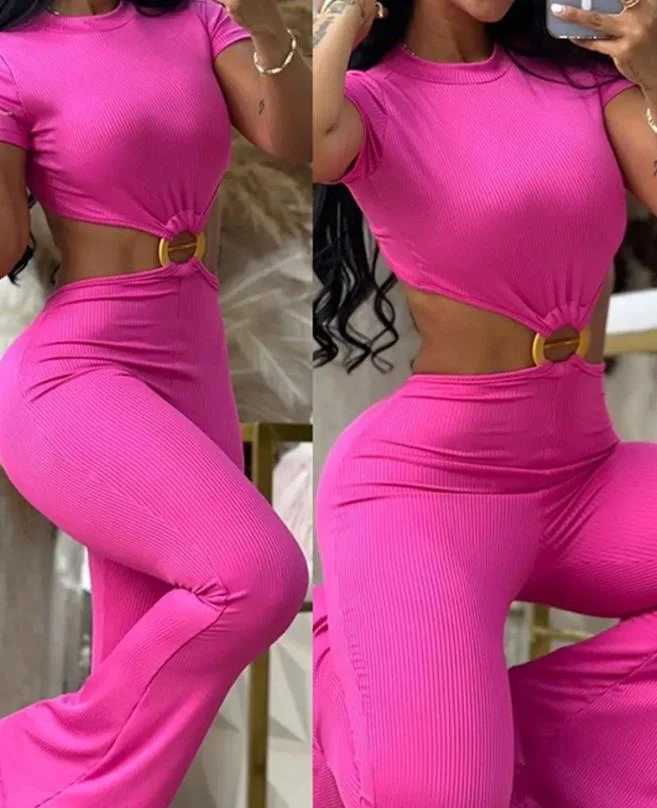Mongw Mongw 2023 Women's Sexy Round Collar Open Back Slim And Hip Solid Color Jumpsuit Sportswear
